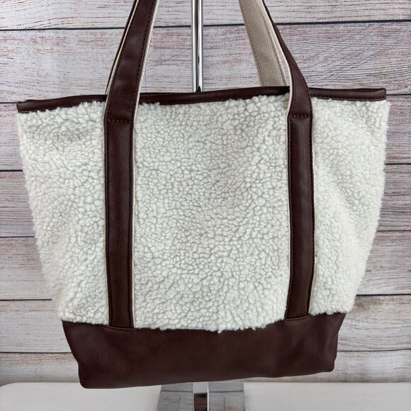 Lands End Sherpa Tote Bag Faux Leather Accents Cream Brown - Picture 2 of 15
